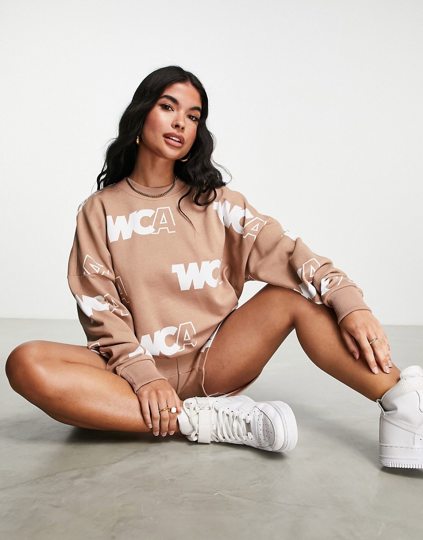 ASOS Weekend Collective monogram boxy sweat in beige - part of a set-Neutral