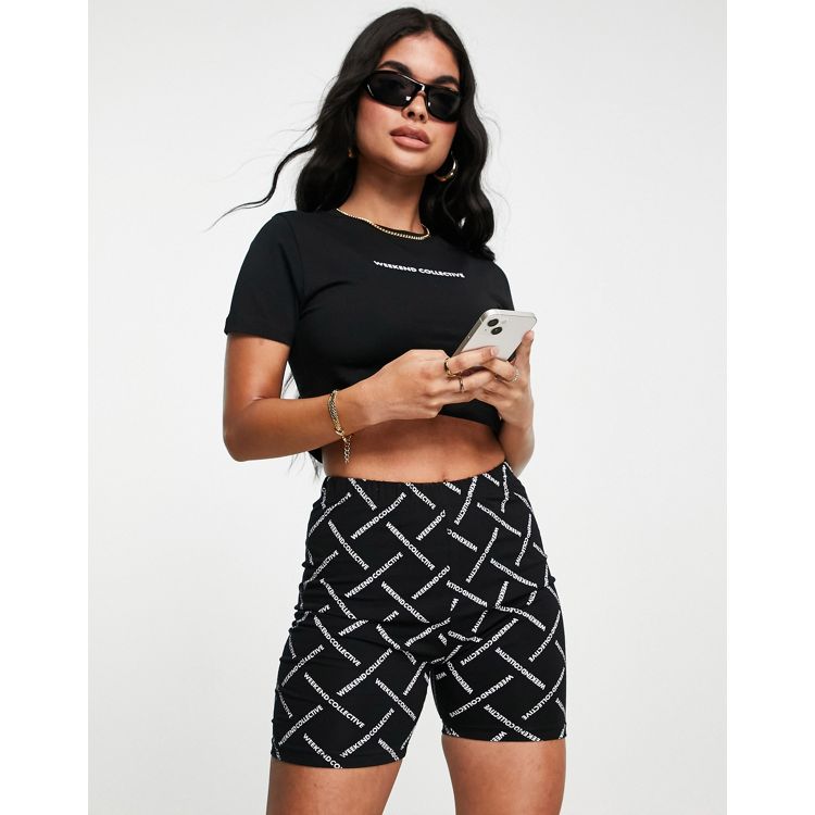 ASOS Weekend Collective legging shorts in flocked mesh graphic in black