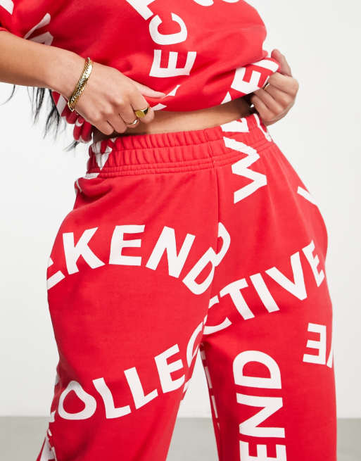 ASOS Weekend Collective monogram trackies in red (part of a set), 3 of 4