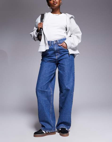 Weekend Collective baggy barrel fit jeans in mid blue wash