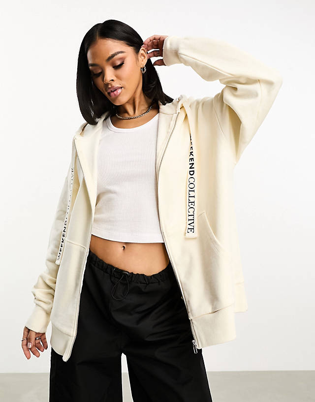 ASOS WEEKEND COLLECTIVE - over sized zip through hoodie with branded drawcord in cream