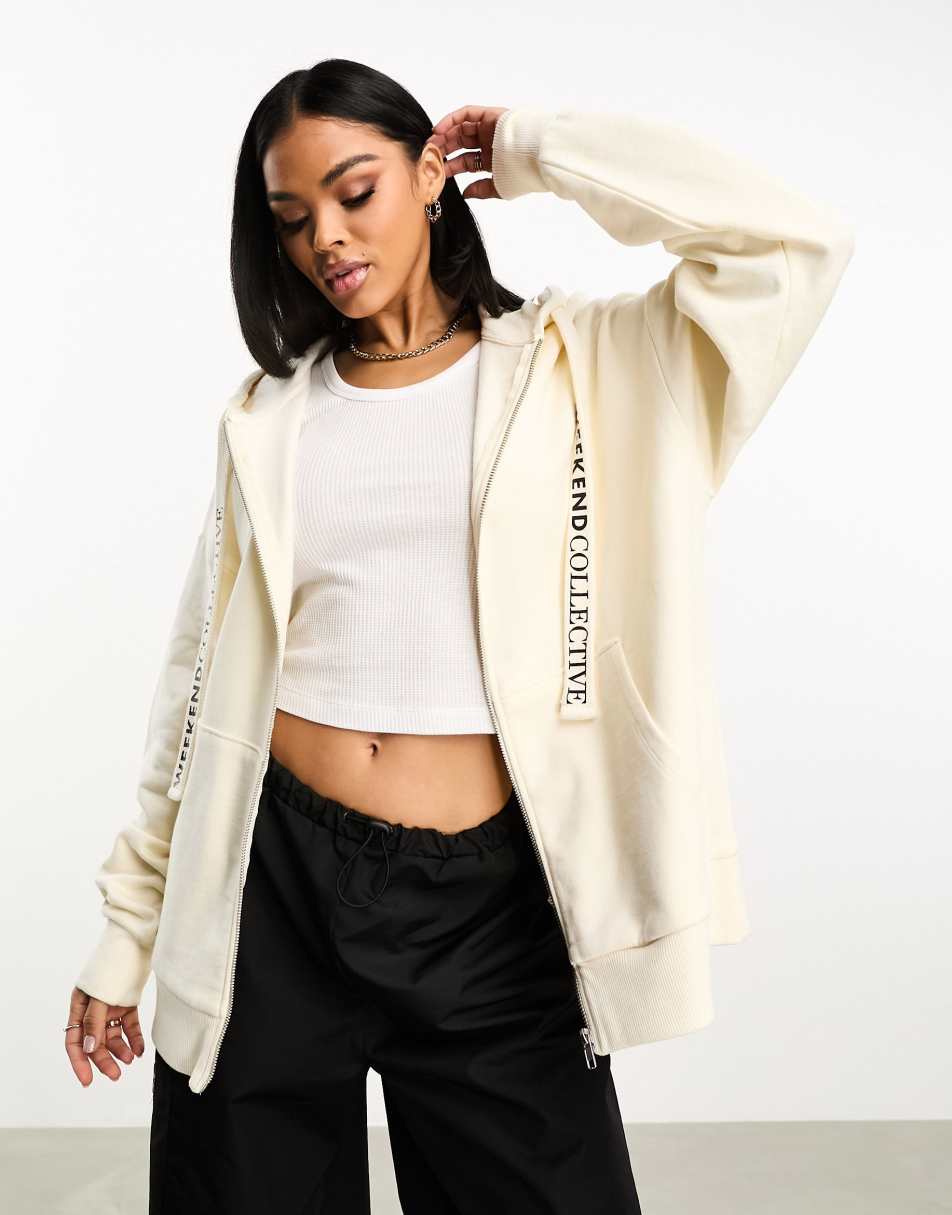 ASOS Weekend Collective over sized zip through hoodie with branded drawcord in cream