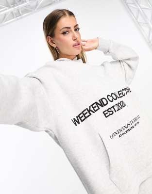 ASOS Weekend Collective - Oversize-Kapuzenpullover in meliertem Grau mit gestapeltem Logo