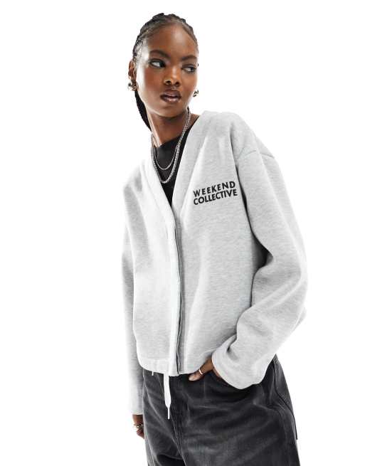 ASOS – Weekend Collective – Oversize-Strickjacke aus Jersey in Grau meliert