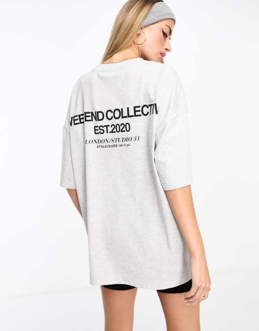 ASOS Weekend Collective – Oversize-T-Shirt in meliertem Grau mit gestapeltem Logo
