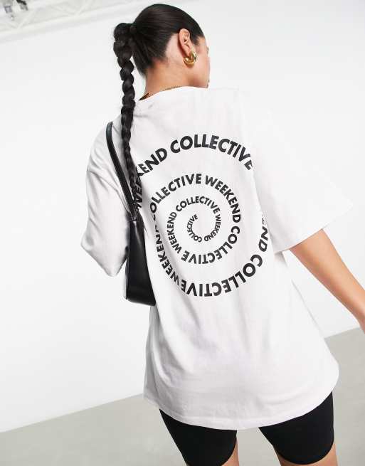 ASOS – Weekend Collective – Oversize-T-Shirt in Weiß mit Wirbelgrafik am Rücken