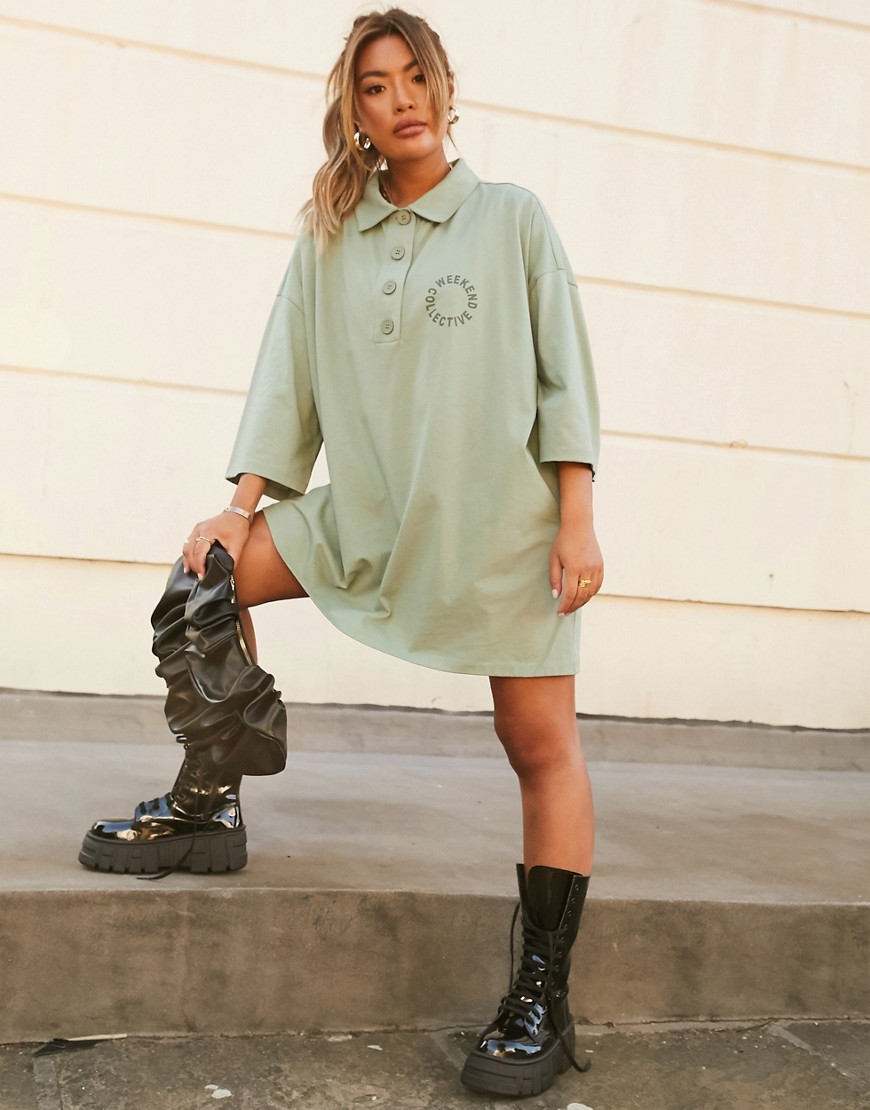 ASOS Weekend Collective oversized collared mini dress-Green