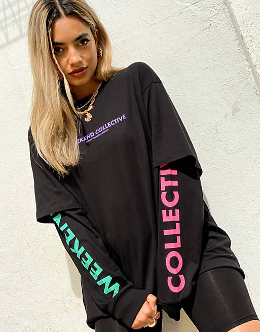 ASOS Weekend Collective oversized double layer t-shirt with logo in black