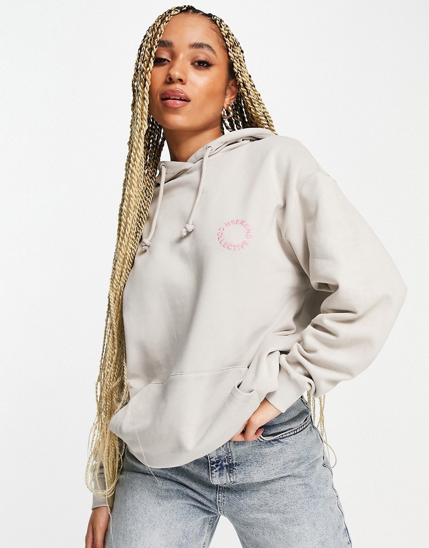 ASOS Weekend Collective oversized hoodie in beige with pink logo-Neutral