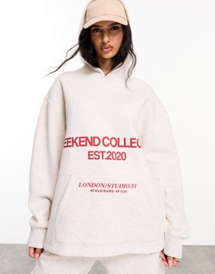 ASOS Weekend Collective oversized hoodie with stacked red logo in oatmeal