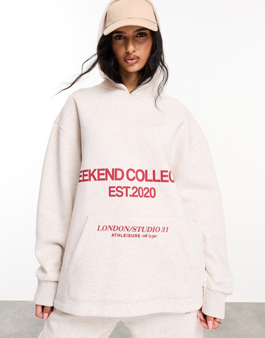Asos Weekend Collective Oversized Hoodie With Stacked Red Logo In Oatmeal-neutral In Pink