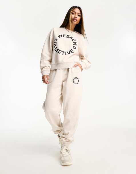 ASOS Weekend Collective - Oversized joggingbukser i meleret råhvid med sort logo - Del af sæt - view 1