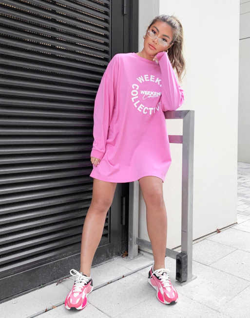 ASOS Weekend Collective oversized long sleeve t-shirt dress in pink with  weekend collective logo