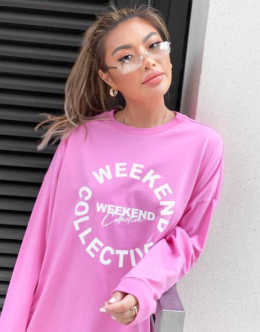 ASOS Weekend Collective oversized long sleeve t-shirt dress in pink with  weekend collective logo