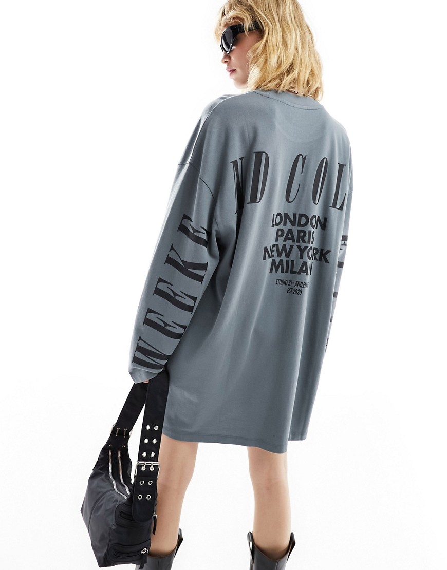 Asos Weekend Collective Oversized Long Sleeve T-shirt Dress With Back Logo In Charcoal Wash-gray