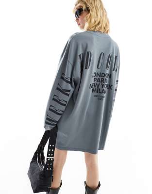 asos weekend collective oversized long sleeve t-shirt dress with back logo in charcoal wash