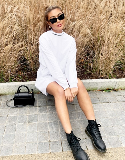 ASOS Weekend Collective oversized long sleeve t-shirt dress with high neck in white with weekend collective logo