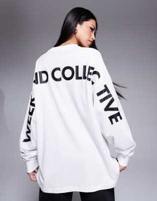 Shop Asos Weekend Collective Weekend Collective Oversized Long Sleeve T-shirt With Back Logo In White