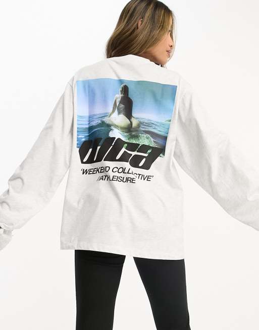 ASOS Weekend Collective oversized long sleeve t-shirt with photographic back print in grey marl