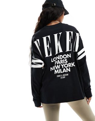 ASOS Weekend Collective oversized long sleeve T-shirt with stacked back logo in black - ASOS Price Checker