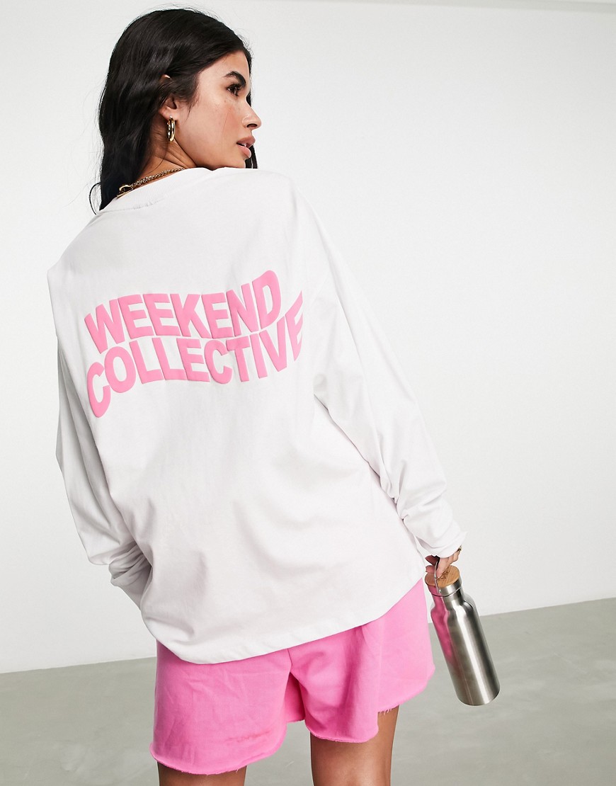 ASOS Weekend Collective oversized long sleeve t-shirt with wavy logo in white