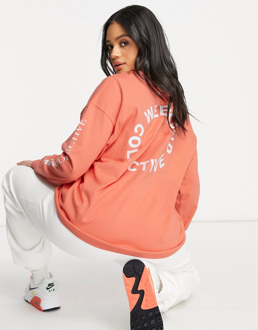 ASOS Weekend Collective oversized longsleeve t-shirt with back logo in coral-Orange
