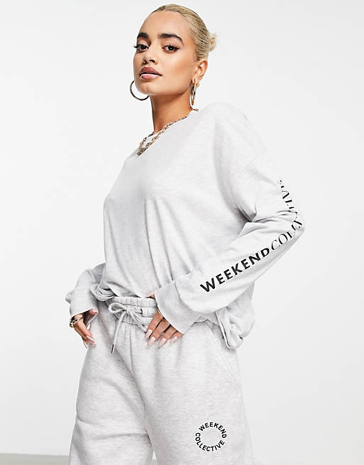 Tops Collective oversized longsleeve t-shirt with back logo in grey marl 