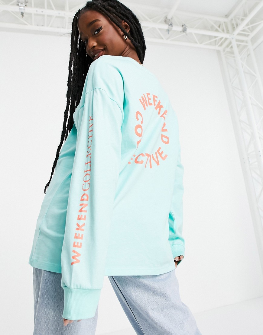 ASOS Weekend Collective oversized longsleeve t-shirt with back logo in mint-Green
