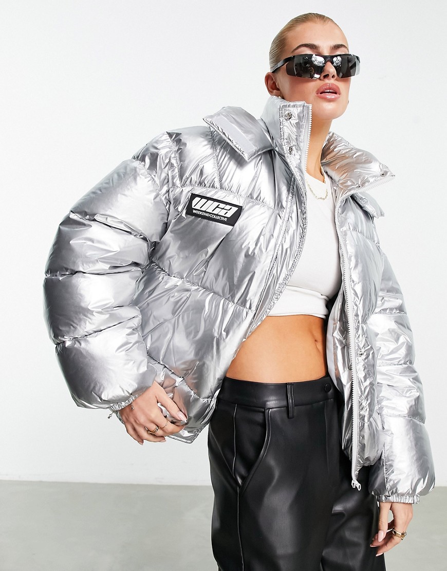 ASOS Weekend Collective oversized padded coat in silver metallic