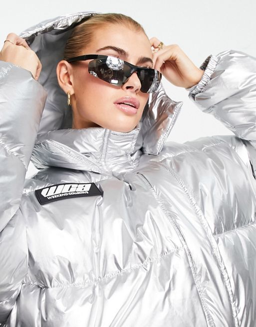 ASOS DESIGN Tall Oversized Sequin Puffer Jacket In Silver, $21, Asos