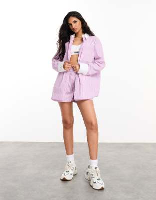 Asos Weekend Collective Oversized Shirt With Color Blocking In Pink Stripe - Part Of A Set