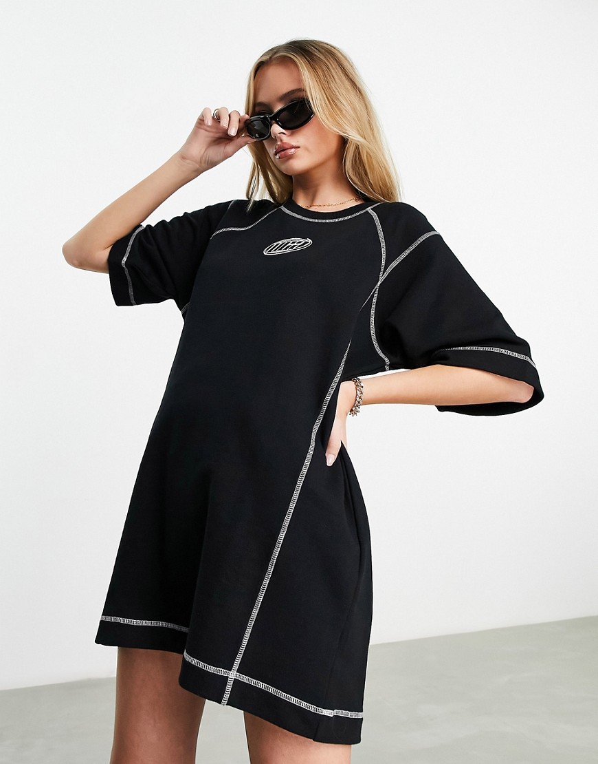ASOS Weekend Collective oversized sweat dress with contrast stitching in black