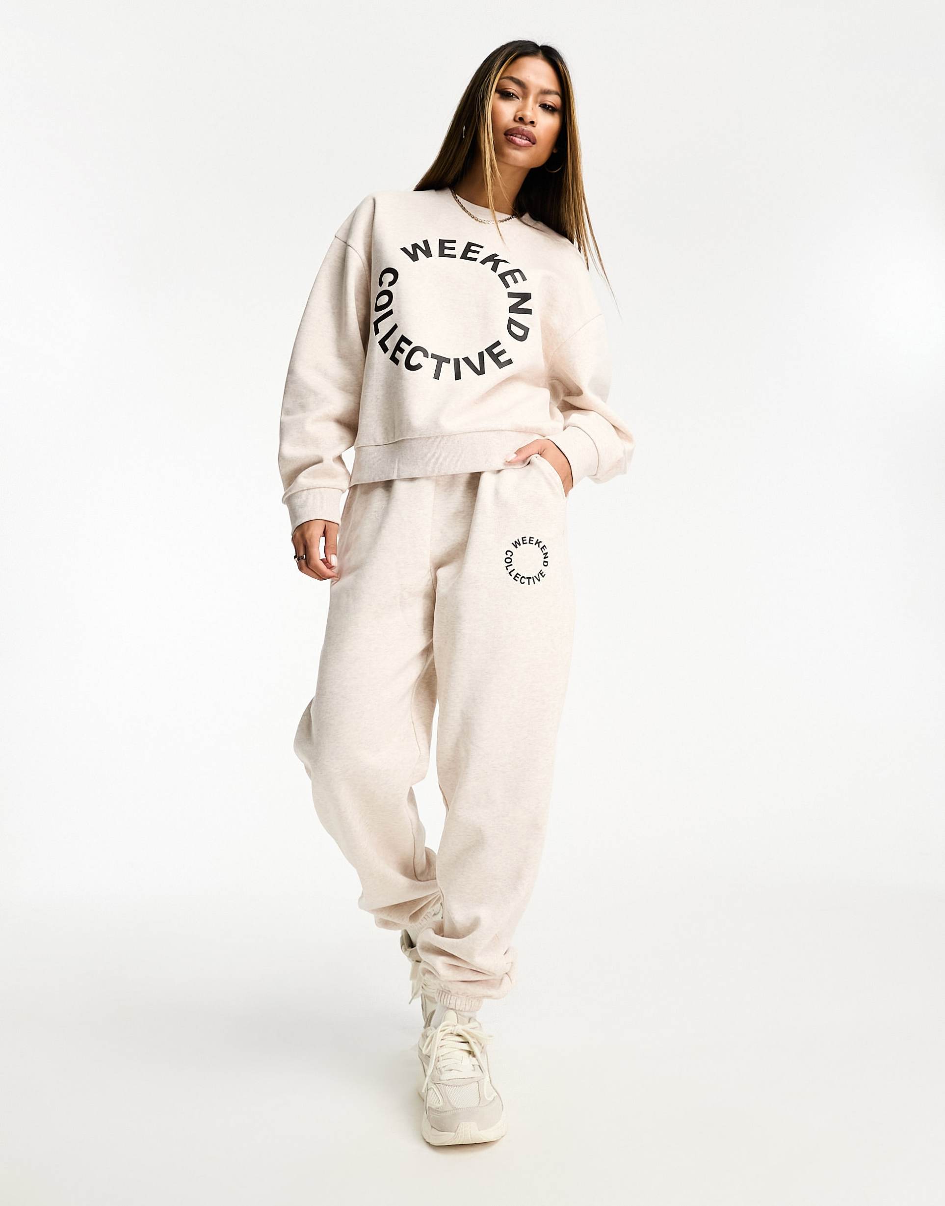 asos weekend collective oversized sweatpants with black logo in oatmeal heather - part of a set