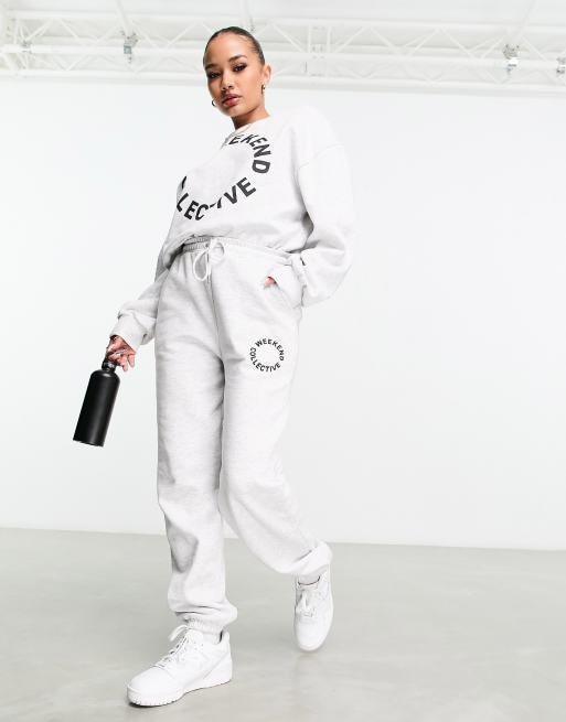 ASOS Weekend Collective set oversized sweatpants with logo in white