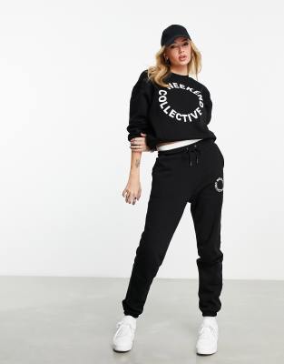 ASOS Weekend Collective oversized sweatpants with logo in white - part of a set-Black