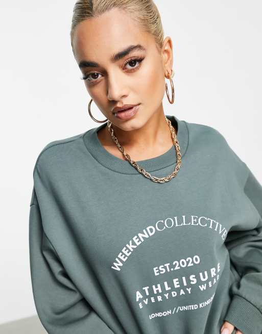ASOS Weekend Collective oversized sweatshirt with arch logo in khaki | ASOS