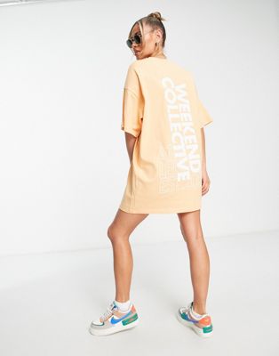 ASOS Weekend Collective oversized t-shirt dress with back graphic in apricot - ASOS Price Checker