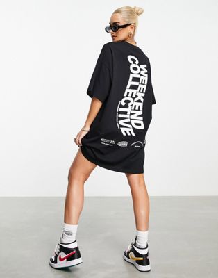 ASOS Weekend Collective oversized t-shirt dress with wavy back logo in black  | ASOS