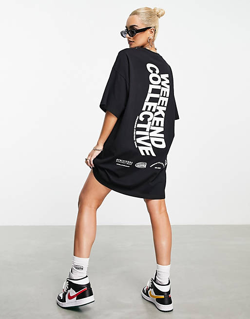  Collective oversized t-shirt dress with wavy back logo in black 