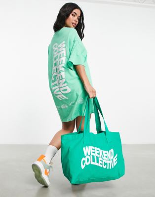ASOS WEEKEND COLLECTIVE ASOS Weekend Collective oversized t-shirt dress with wavy back logo in green