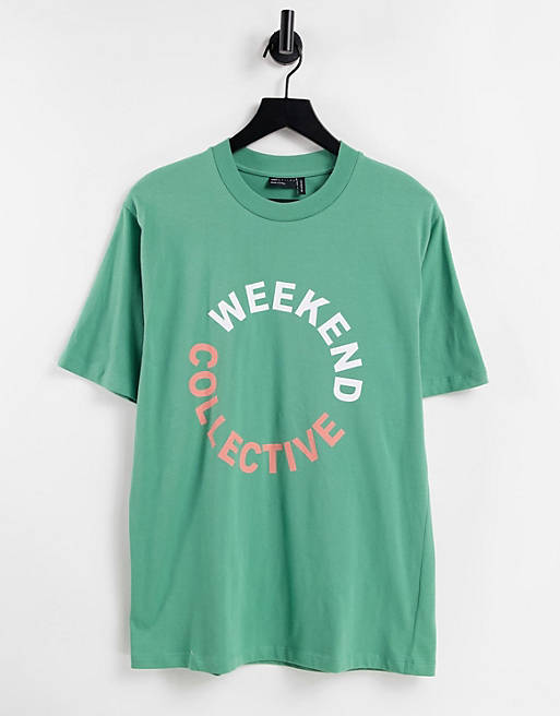 ASOS Weekend Collective oversized t-shirt with coloured logo in khaki