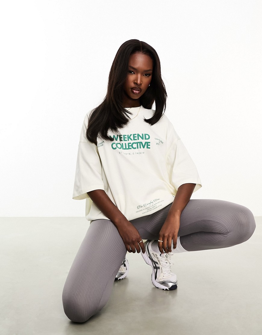 Asos Weekend Collective Oversized T-shirt With Graphic In Ecru And Green-white