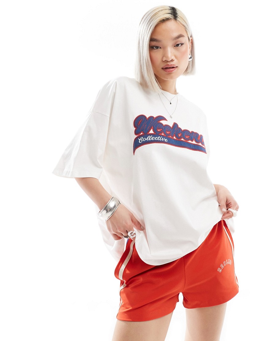Asos Design Asos Weekend Collective Oversized T-shirt With Logo In Ecru-white