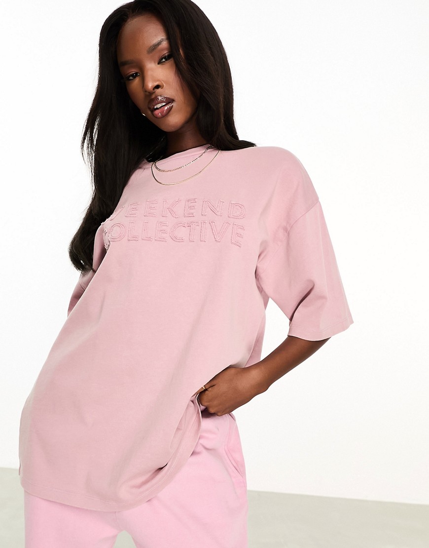 Asos Weekend Collective Oversized T-shirt With Logo In Washed Pink