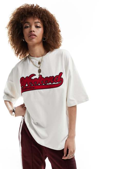 ASOS Weekend Collective oversized t-shirt with red logo in ecru | ASOS