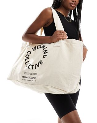 ASOS Weekend Collective oversized  tote bag with graphic in natural canvas