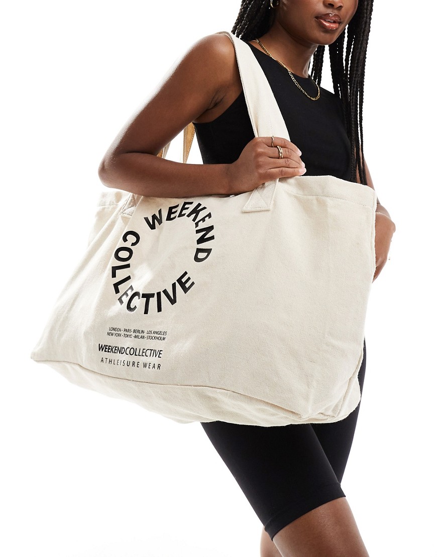 Asos Weekend Collective Oversized Tote Bag With Graphic In Natural Canvas-neutral In White