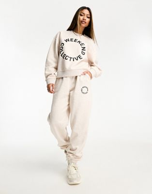 ASOS Weekend Collective co-ord oversized jogger with black logo in oatmeal marl - ASOS Price Checker