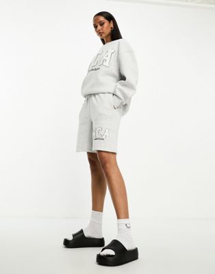 ASOS Weekend Collective sweat short with varsity logo in ice marl - ASOS Price Checker