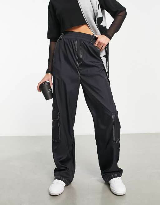 ASOS Weekend Collective parachute cargo trousers with contrast top stitch in black, 3 of 4